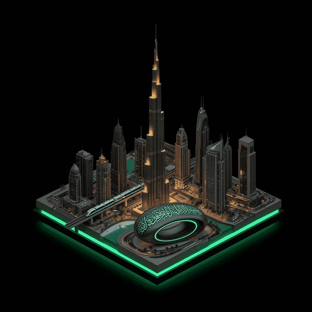 Dubai skyline illustration with the Burj Khalifa and downtown towers